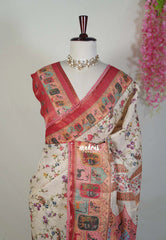 Sandal Beige with Lace - ANJALI - Soft Tissue linen Saree with Floral Prints with Lace Work - Perfect for Festive Wear