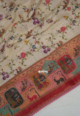 Sandal Beige with Lace - ANJALI - Soft Tissue linen Saree with Floral Prints with Lace Work - Perfect for Festive Wear