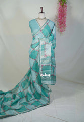Aqua Glow with Lace - ANJALI - Soft Tissue linen Saree with Floral Prints with Lace Work - Perfect for Festive Wear