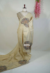 Pale Gold - ANJALI - Soft Tissue linen Saree Embroidery with Scallop - Perfect for Festive Wear