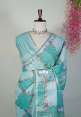 Aqua Glow with Lace - ANJALI - Soft Tissue linen Saree with Floral Prints with Lace Work - Perfect for Festive Wear