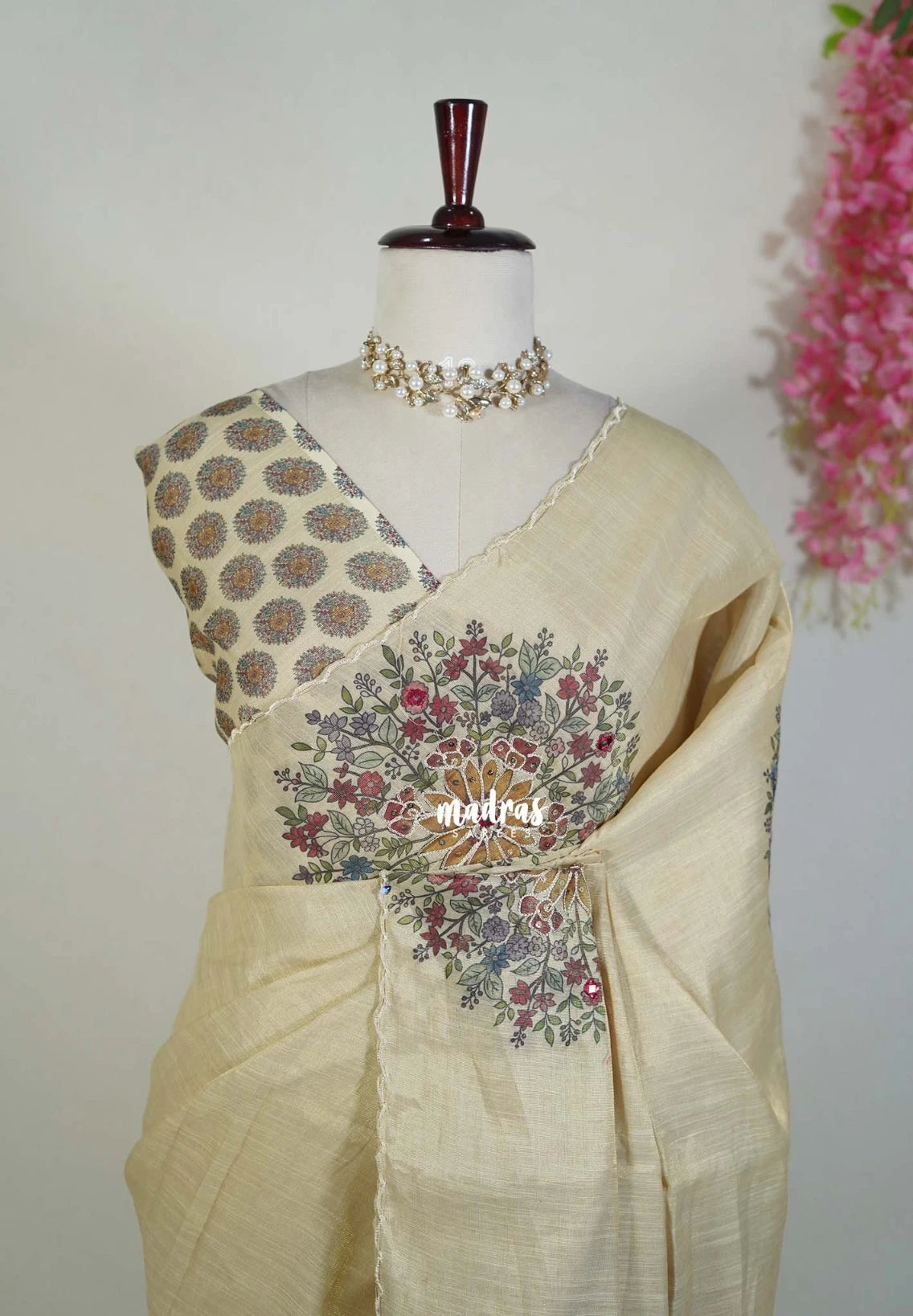 Pale Gold - ANJALI - Soft Tissue linen Saree Embroidery with Scallop - Perfect for Festive Wear