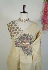 Pale Gold - ANJALI - Soft Tissue linen Saree Embroidery with Scallop - Perfect for Festive Wear