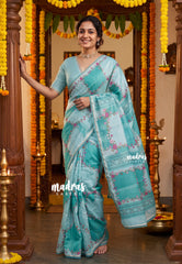 Aqua Glow with Lace - ANJALI - Soft Tissue linen Saree with Floral Prints with Lace Work - Perfect for Festive Wear
