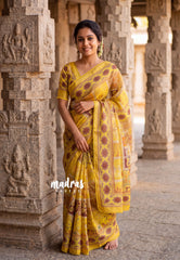Mustard Yellow with Lace - ANJALI - Soft Tissue linen Saree with Floral Prints with Lace Work - Perfect for Festive Wear