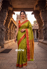 Mehndi Olive Green - Arani Semi Silk Saree Muthukattam with Skirt Border - Best for Regular Wear | Temple Visit