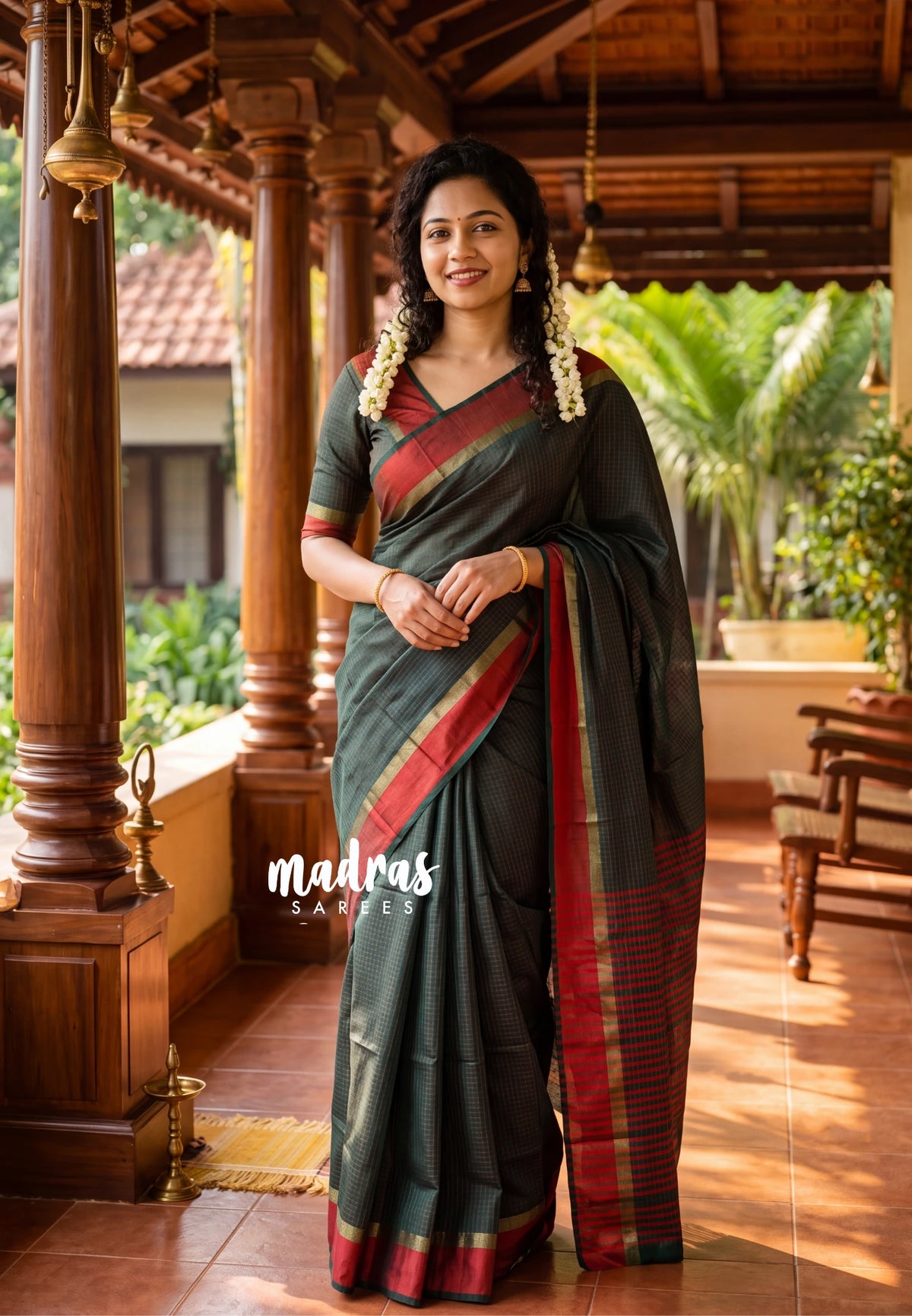 Midnight Green - Arani Semi Silk Saree Muthukattam with Skirt Border - Best for Regular Wear | Temple Visit