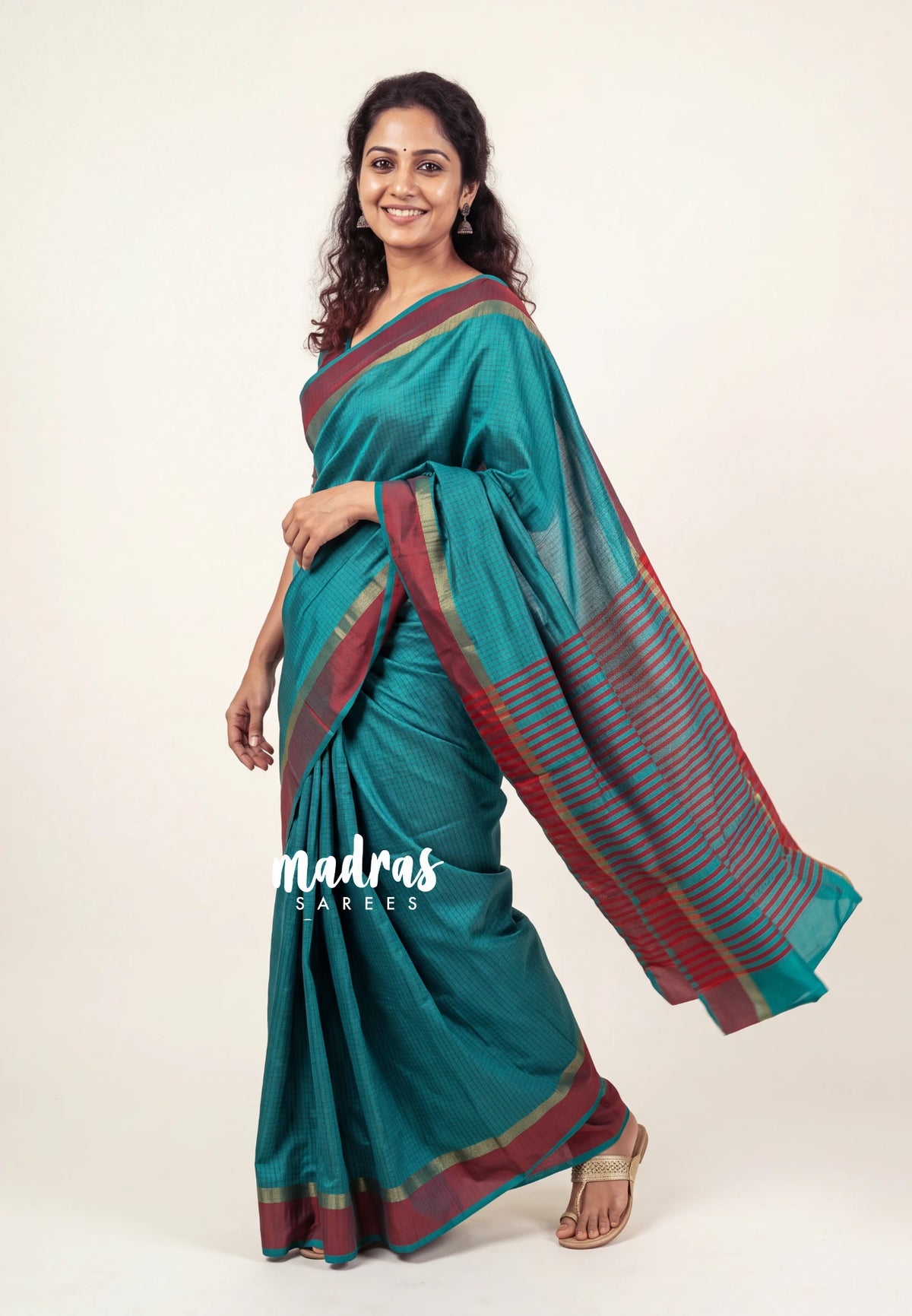 Teal Glow- Arani Semi Silk Saree Muthukattam with Skirt Border - Best for Regular Wear | Temple Visit
