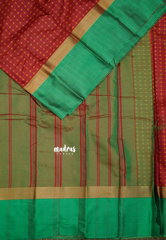 Arani semi silk saree with weaving buttas - Maroon with Green