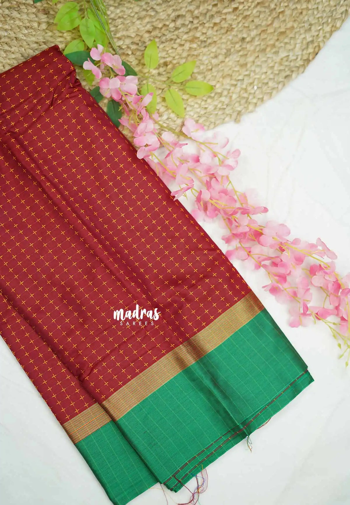 Arani semi silk saree with weaving buttas - Maroon with Green