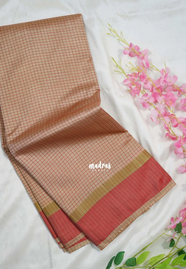 Powder Peach  - Arani Semi Silk Saree Muthukattam with Skirt Border - Best for Regular Wear | Temple Visit