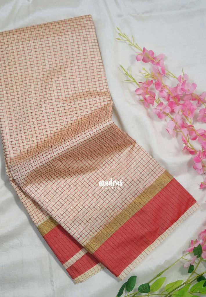 Ivory Beige - Arani Semi Silk Saree Muthukattam with Skirt Border - Best for Regular Wear | Temple Visit