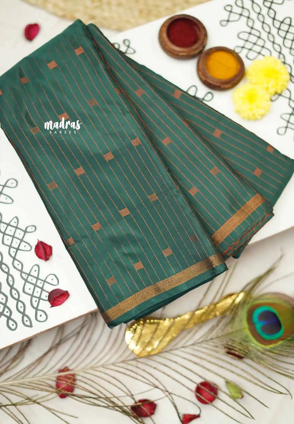 Arani semi soft silk saree with weaving buttas small border - bottle green