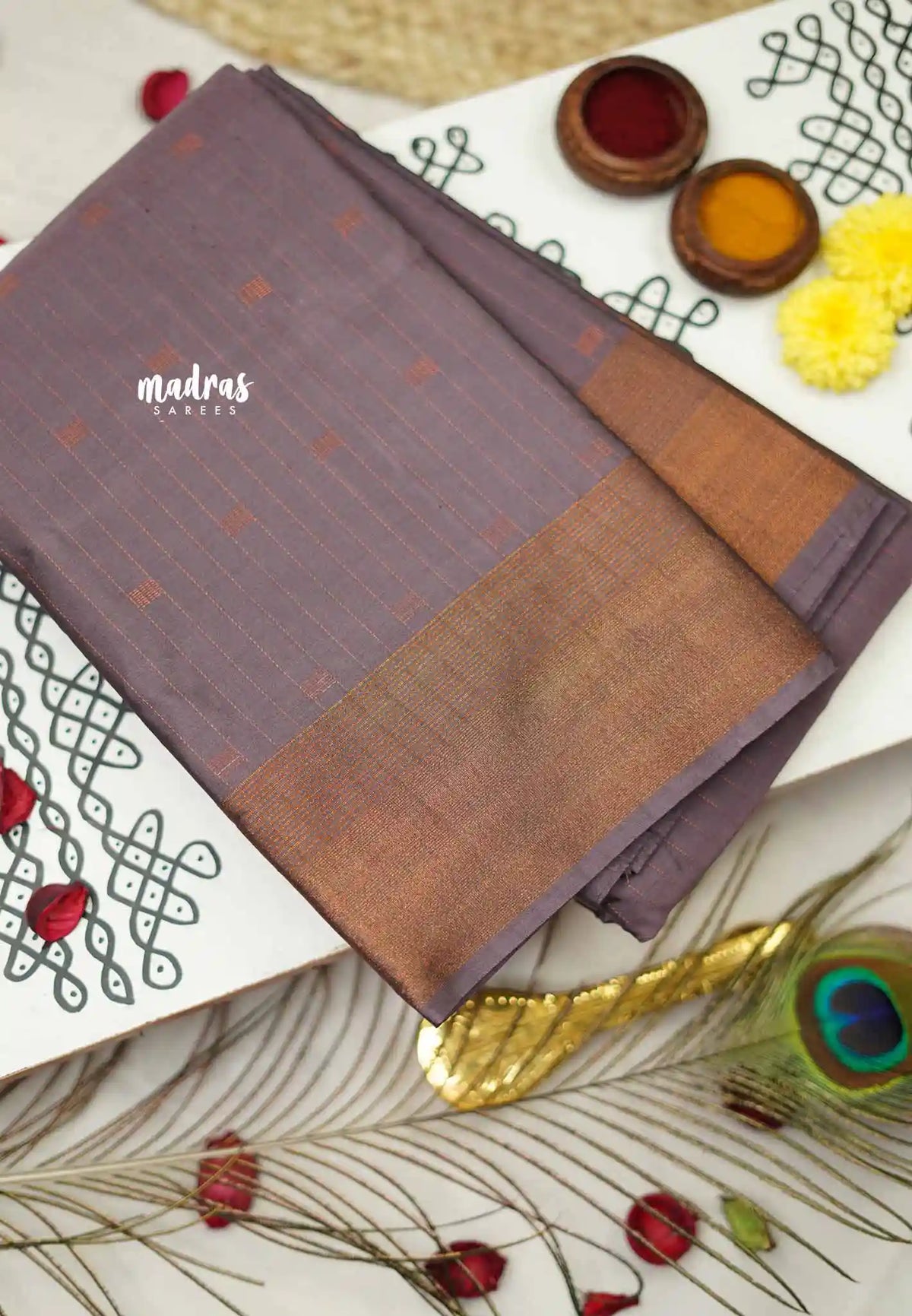 Arani semi soft silk saree with weaving buttas zari border - Purple grey