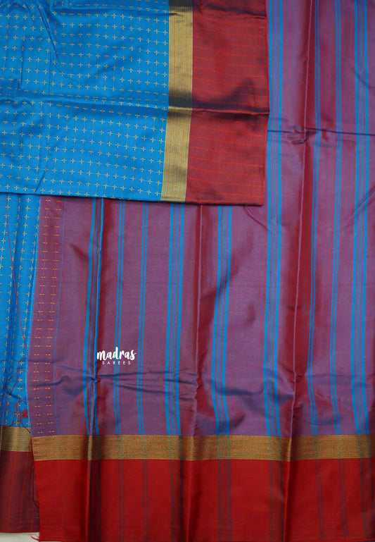 Arani semi silk saree with weaving buttas - Ananda blue with maroon