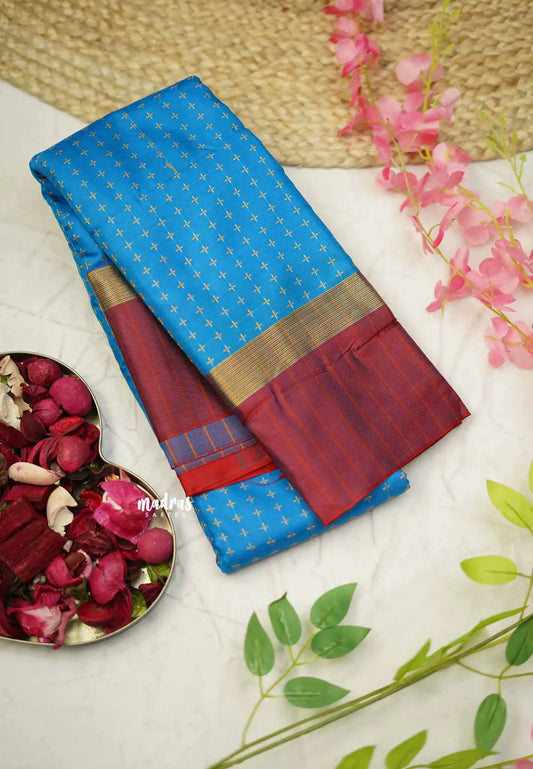 Arani semi silk saree with weaving buttas - Ananda blue with maroon