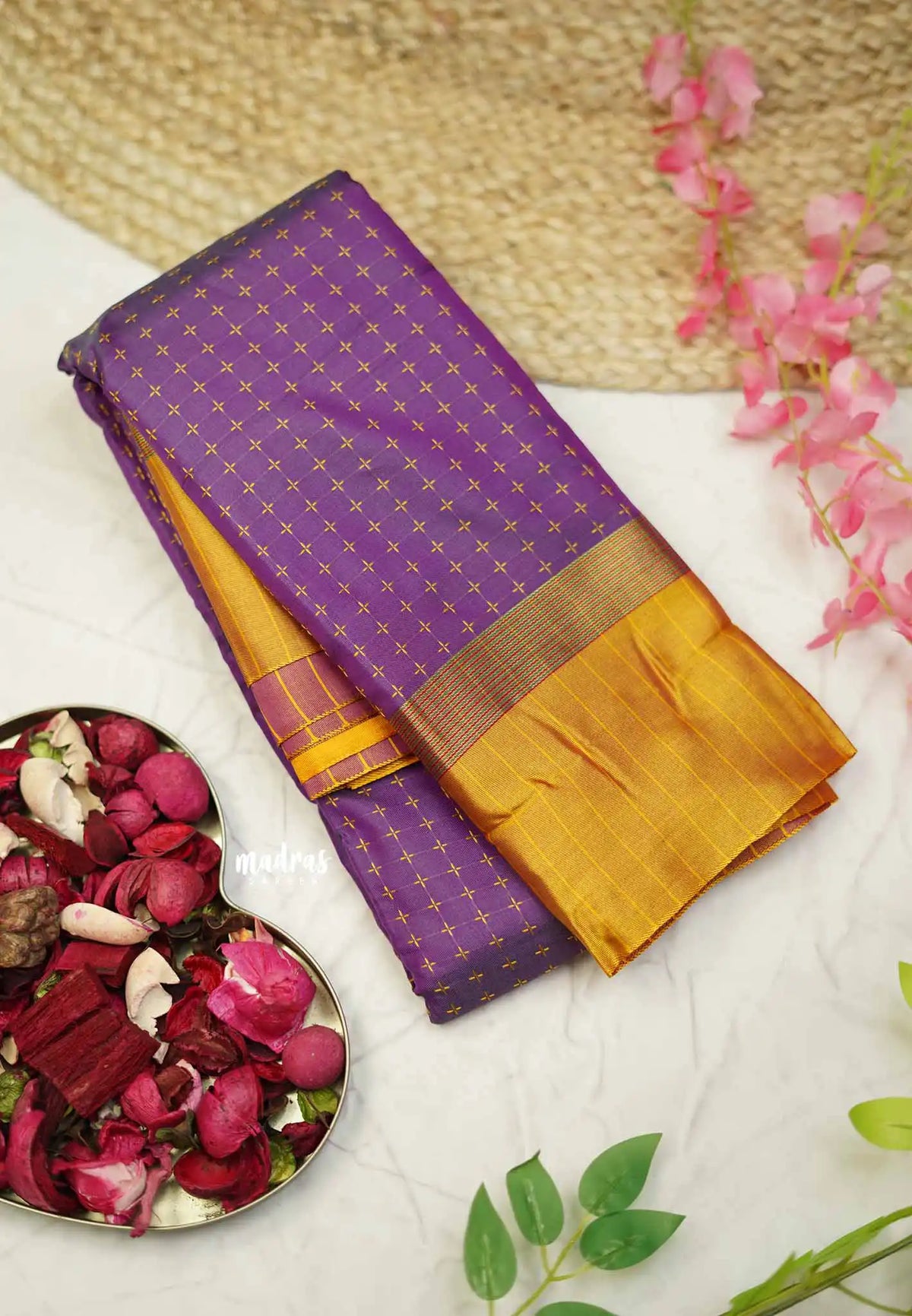 Arani semi silk saree with weaving buttas - Purple with yellow