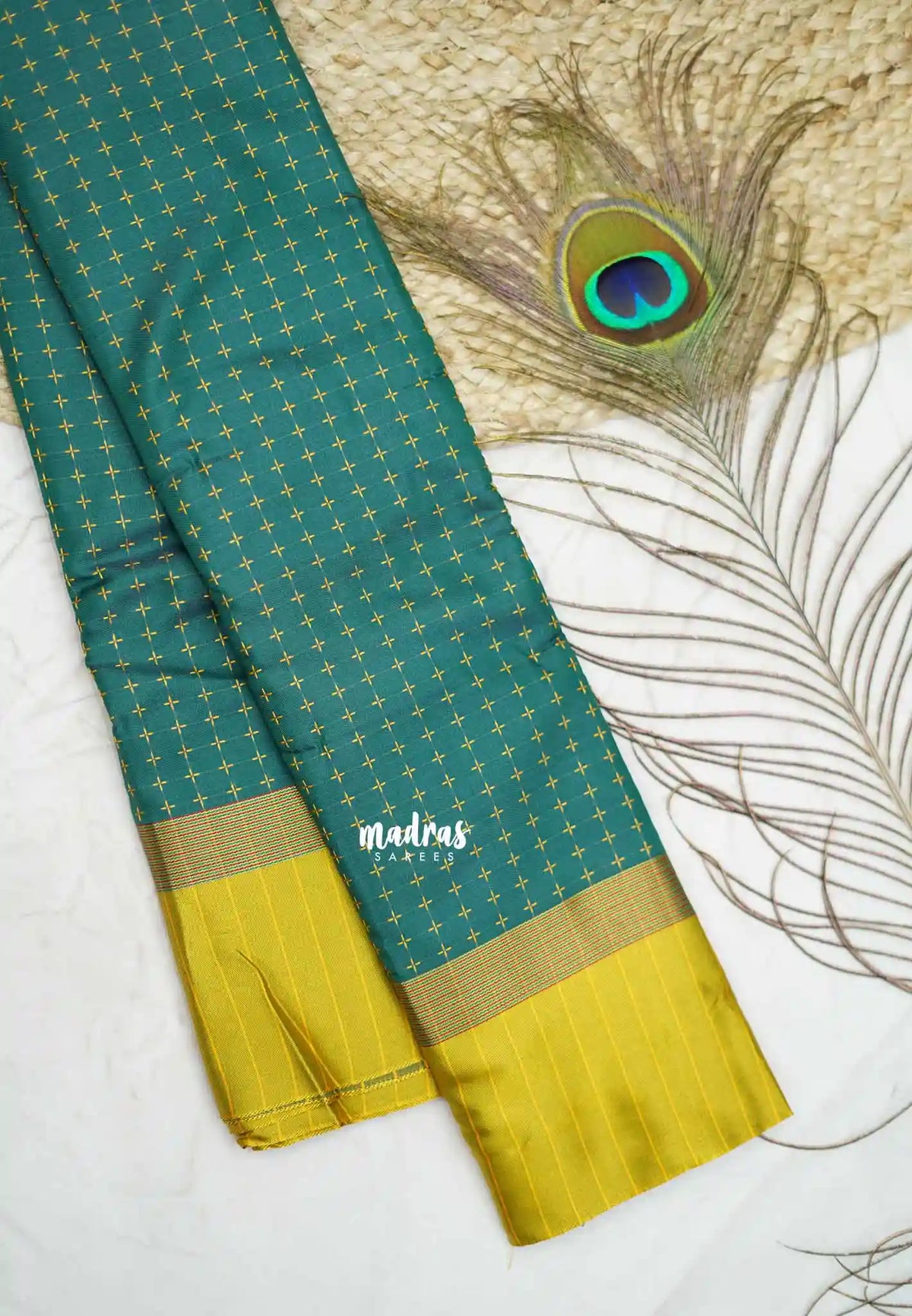 Arani semi silk saree with weaving buttas - Green with yellow