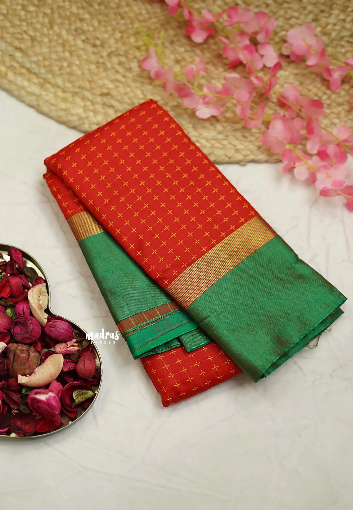 Arani semi silk saree with weaving buttas - Red with Green