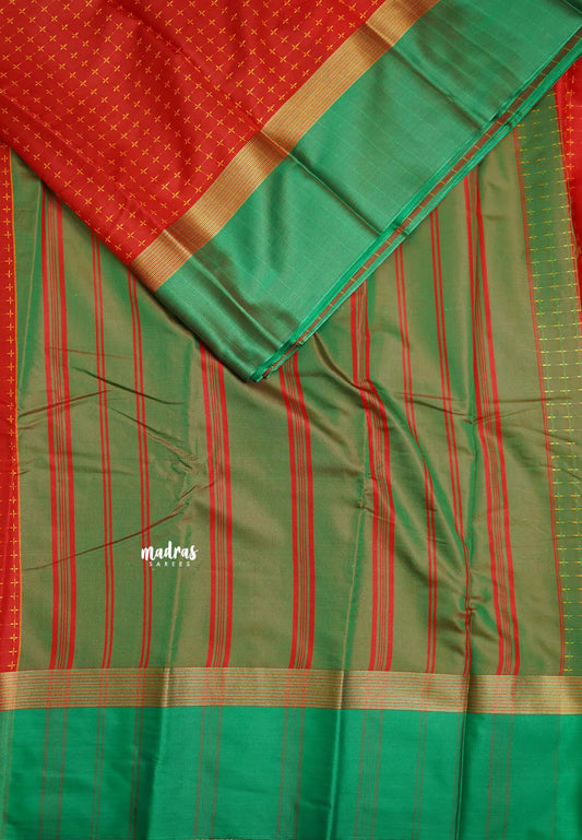 Arani semi silk saree with weaving buttas - Red with Green