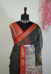 Jet Black - Shalini - Artisanal Work Super Net Saree with Art Work Border - Best for Festive Wear / Hightea party