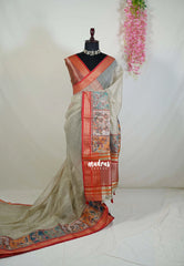 Muted Beige - Shalini - Artisanal Work Super Net Saree with Art Work Border - Best for Festive Wear / Hightea party