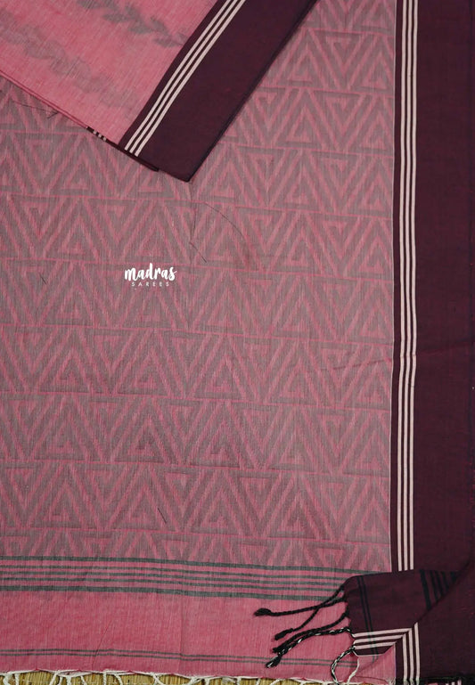 Reddish pink - Premium Assam khadi cotton with handwoven buttas and pallu