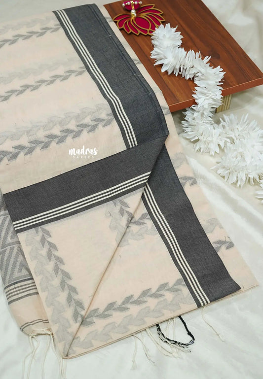 White beige - Premium Assam khadi cotton with handwoven buttas and pallu