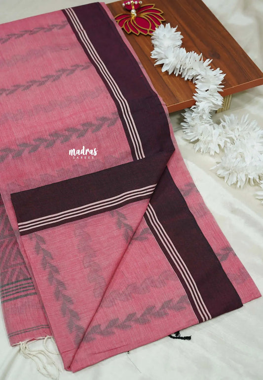 Reddish pink - Premium Assam khadi cotton with handwoven buttas and pallu