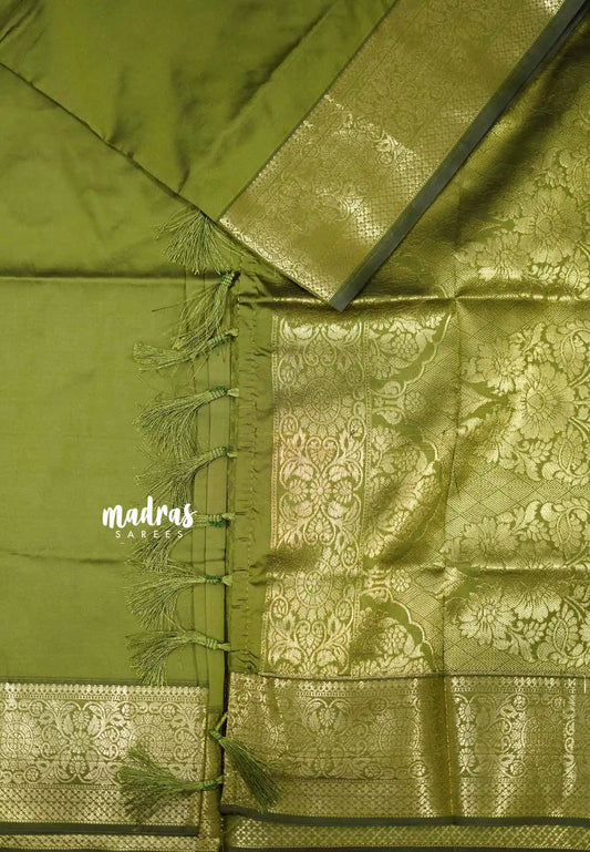 Classy Kashmiri silk with rich weaving - Mehendi green