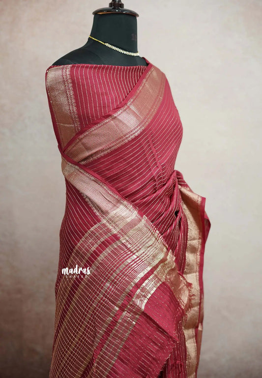 Chandrika - Lighweight trendy Assam silk horizontal lines weaving - Deep maroon