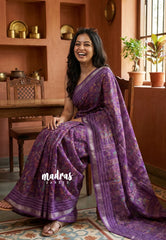 Lavender Purple - Silky Georgette with Jamdani Prints and Kantha Stitch Border - Best for Regular Wear | Casual Wear
