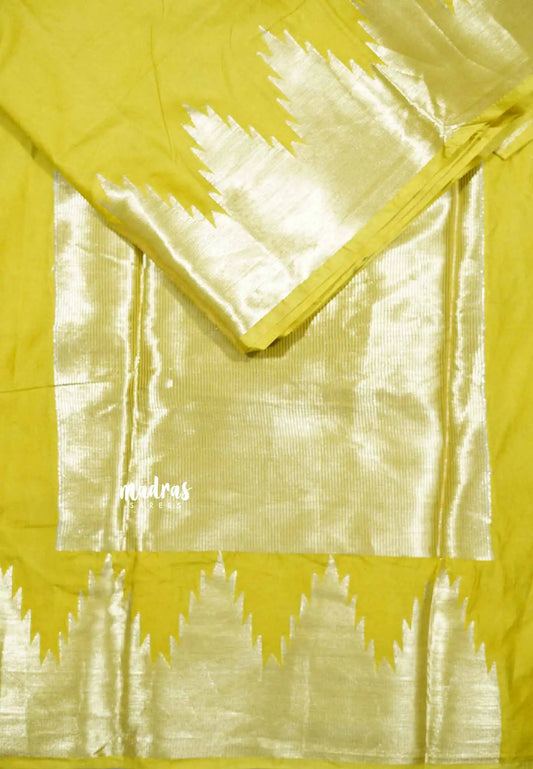 Greenish yellow - Avantika - Soft semi Mysore silk with temple border