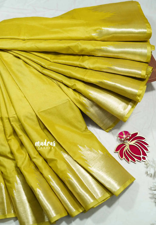 Greenish yellow - Avantika - Soft semi Mysore silk with temple border