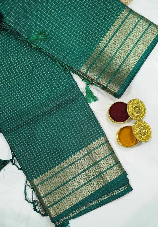 Avantika - Semi Mysore silk with checks body multi border - Green