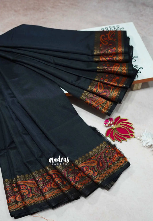 Black - Avantika - Soft semi Mysore silk with meenakari thread weaving border
