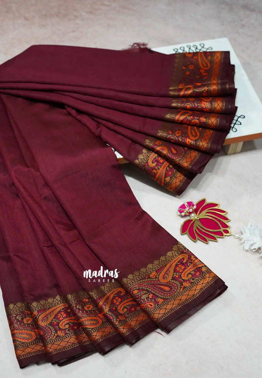 Maroon - Avantika - Soft semi Mysore silk with meenakari thread weaving border