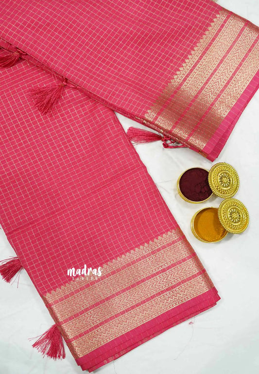 Avantika - Semi Mysore silk with checks body multi border - Pink