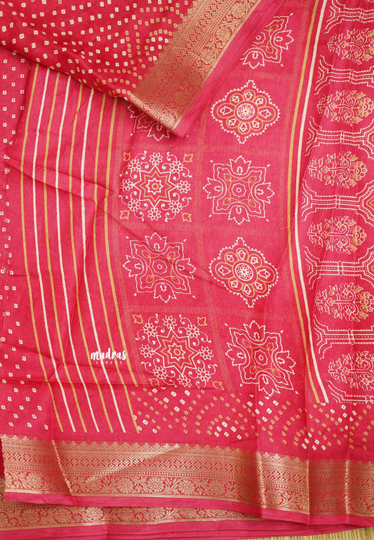 Avantika - Semi Mysore silk with Bhandani prints - Reddish Pink