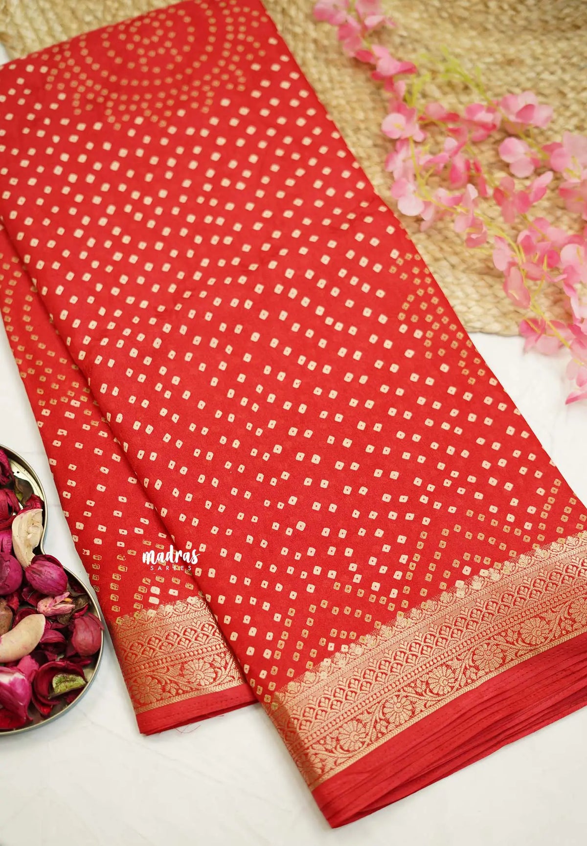 Avantika - Semi Mysore silk with Bhandani prints - Chilli red