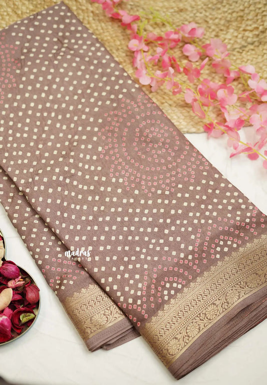 Avantika - Semi Mysore silk with Bhandani prints - Chocolate Milk