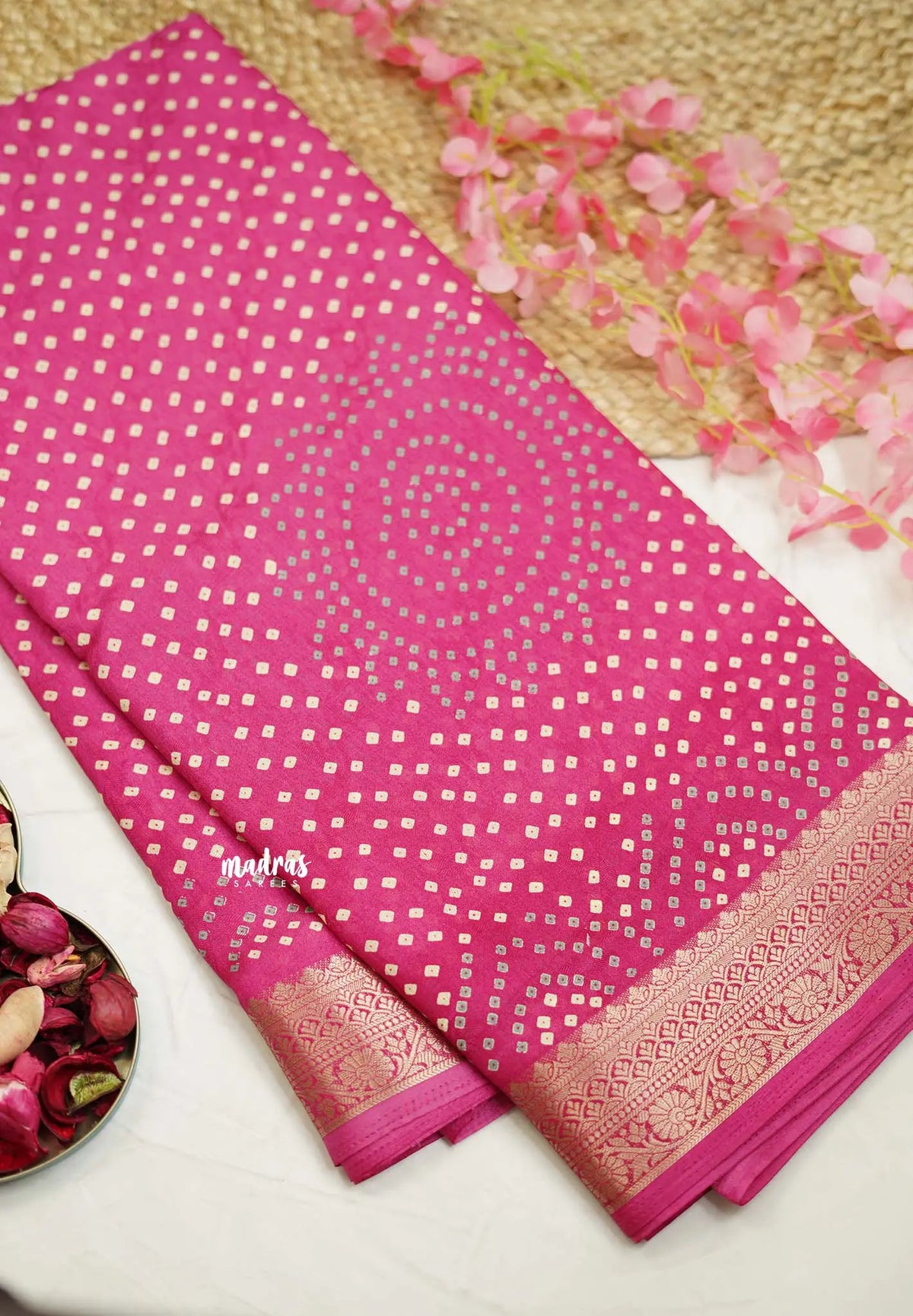 Avantika - Semi Mysore silk with Bhandani prints - Rani Pink