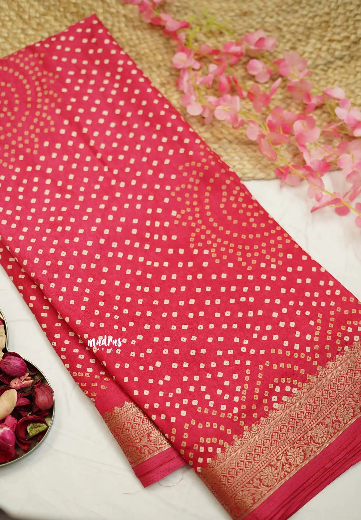 Avantika - Semi Mysore silk with Bhandani prints - Reddish Pink