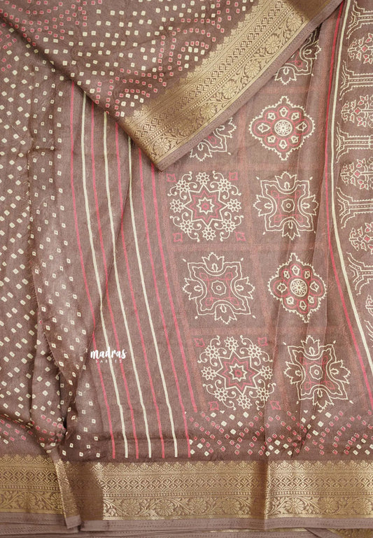 Avantika - Semi Mysore silk with Bhandani prints - Chocolate Milk