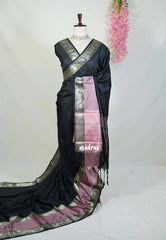 Jet Black - Avantika - Semi Mysore Silk Saree with Big Contrast Border - Perfect for Small Functions