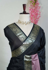Jet Black - Avantika - Semi Mysore Silk Saree with Big Contrast Border - Perfect for Small Functions