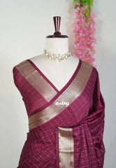 Wine Maroon - Avantika - Semi Mysore Silk Saree with Checks Weaving and Zari Border - Perfect for Small Functions