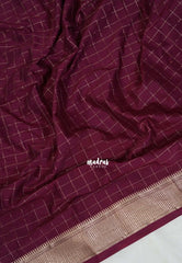 Wine Maroon - Avantika - Semi Mysore Silk Saree with Checks Weaving and Zari Border - Perfect for Small Functions
