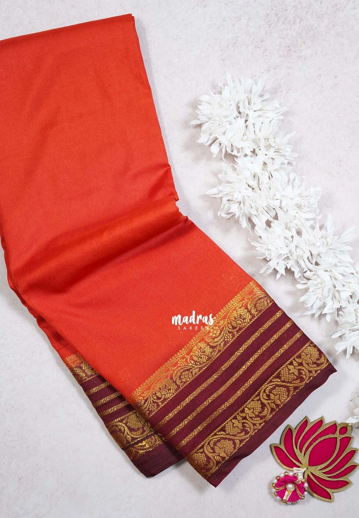 Sunset Orange - Avantika - Semi Mysore Silk Saree with Contrast Traditional Border - Perfect for Small Functions
