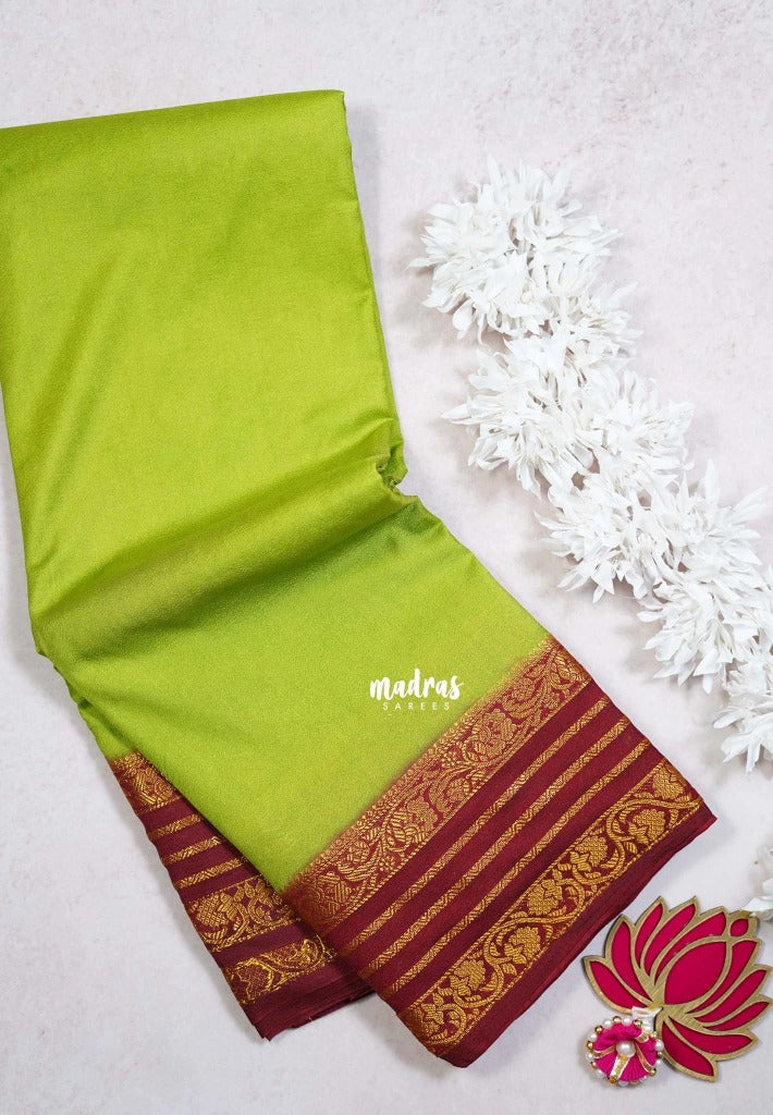 Pretty Parrot Green - Avantika - Semi Mysore Silk Saree with Contrast Traditional Border - Perfect for Small Functions